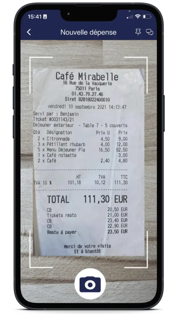 application mobile vertical expense avec screen sur la capture OCR du justificatif de dépense