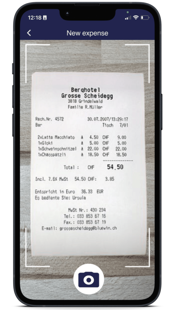 vertical expense mobile application with screen on OCR capture of expense receipt