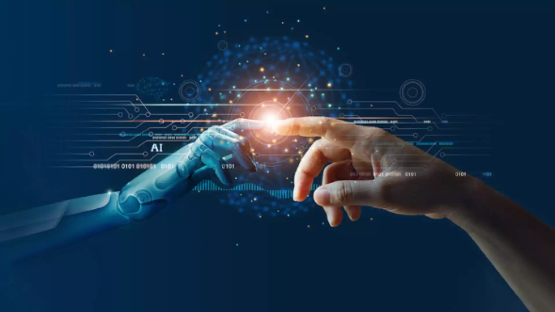l'IA & gestion des dépenses : deux mains qui se connectent (robot & humain)
