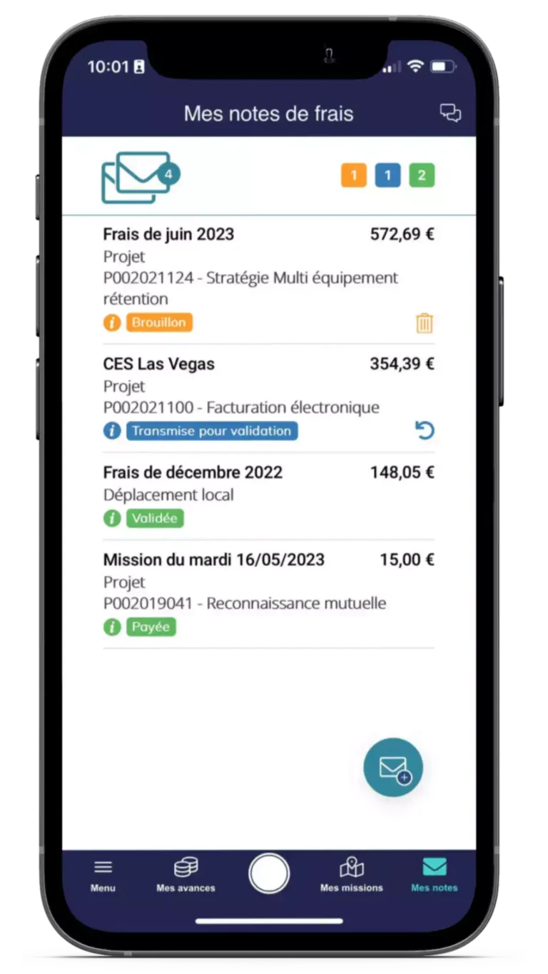 application mobile vertical expense avec écran sur les notes de frais
